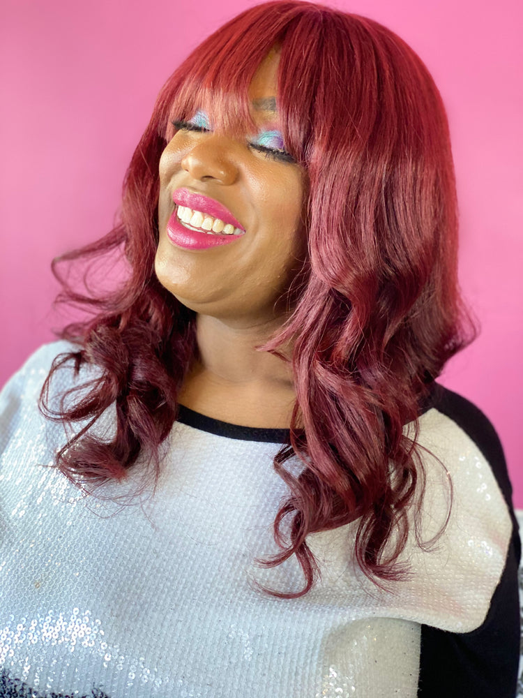 Kinky Straight, 16", front lace, Red bang wig