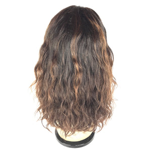 14" Front Lace, Bangs, Natural Light Brown Highlight, Body Wave Wig